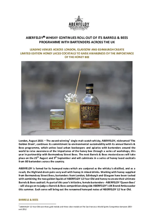 ABERFELDY WHISKY CONTINUES ROLL OUT OF ITS BARRELS &amp; BEES PROGRAMME WITH BARTENDERS ACROSS THE UK